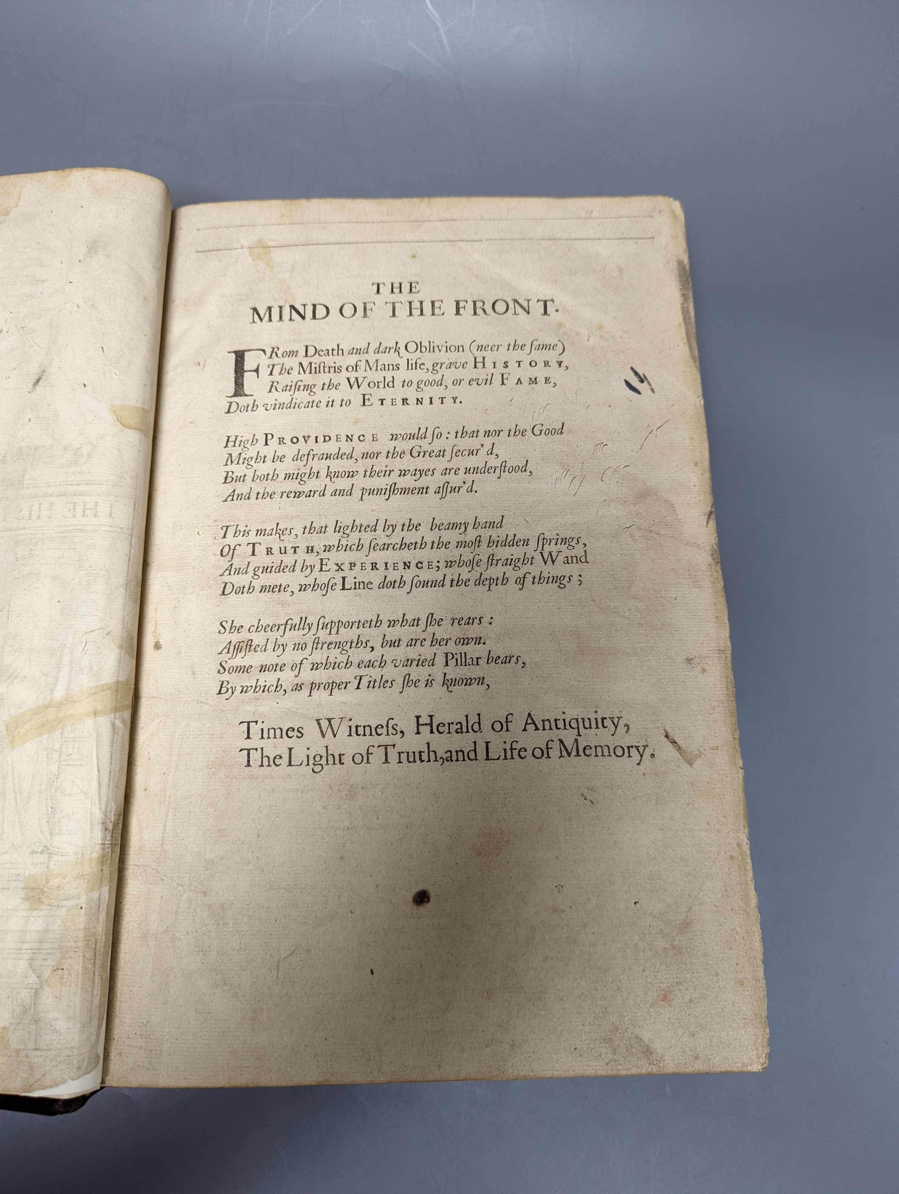 [Raleigh, Sir Walter - The Historie of the World] i.e. lacks printed title; present are the engraved title and the 'Mind of the Front' leaf, some contents pages, thereafter the Preface